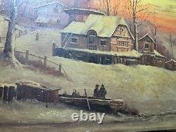 Large Antique Figures In A Winter Landscape Scene Oil On Panel Painting