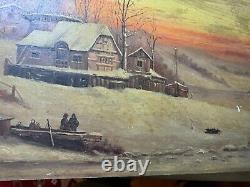 Large Antique Figures In A Winter Landscape Scene Oil On Panel Painting