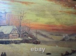 Large Antique Figures In A Winter Landscape Scene Oil On Panel Painting