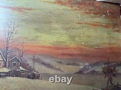 Large Antique Figures In A Winter Landscape Scene Oil On Panel Painting