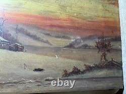 Large Antique Figures In A Winter Landscape Scene Oil On Panel Painting