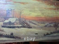 Large Antique Figures In A Winter Landscape Scene Oil On Panel Painting