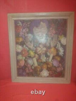 Large Antique Flowers And Girl Oil Painting