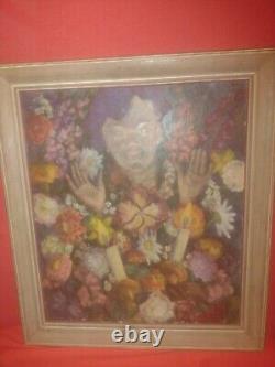 Large Antique Flowers And Girl Oil Painting