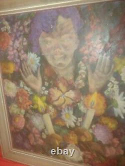 Large Antique Flowers And Girl Oil Painting