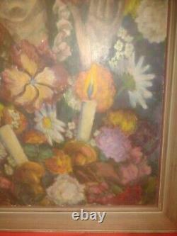 Large Antique Flowers And Girl Oil Painting