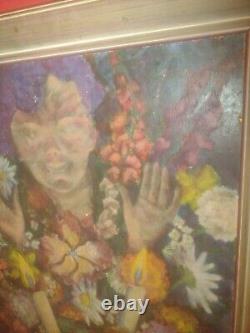 Large Antique Flowers And Girl Oil Painting