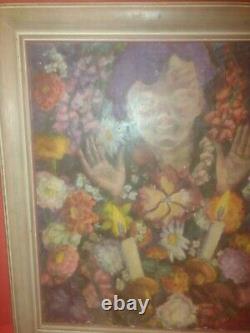 Large Antique Flowers And Girl Oil Painting