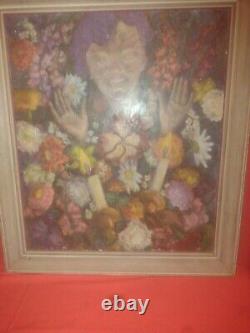 Large Antique Flowers And Girl Oil Painting