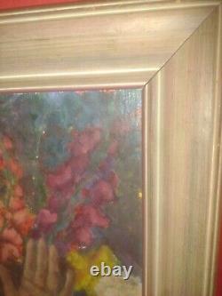 Large Antique Flowers And Girl Oil Painting