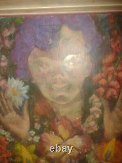 Large Antique Flowers And Girl Oil Painting