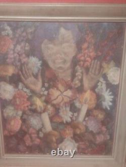 Large Antique Flowers And Girl Oil Painting