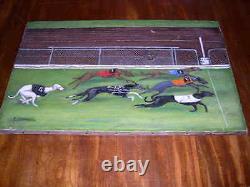 Large Antique Greyhound Racing Dog Oil Painting 1929 White City London Signed