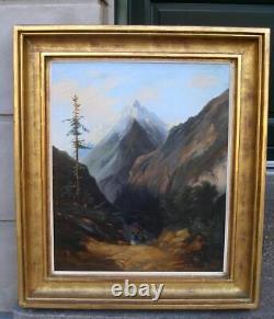 Large Antique Italian Alps oil + Real Gold leaf Museum frame. Ca 1870