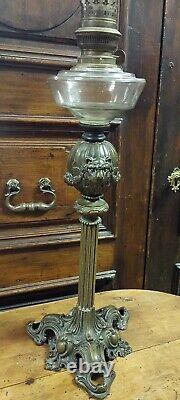 Large Antique Light To Oil Bronze & Glass Nineteenth Century