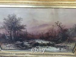 Large Antique Luminist Mountain Landscape Oil Painting Signed Mystery Artist