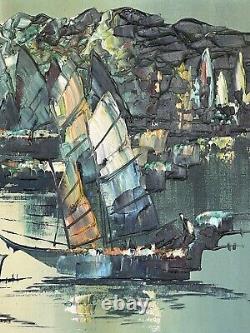 Large Antique MID Century Modern Abstract Boat Oil Painting Old Vintage Asian 68