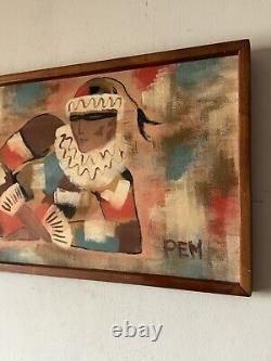 Large Antique MID Century Modern Jester Oil Painting Old Vintage Cubism Clown 50