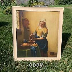 Large Antique Milk Maid Oil Painting 36x40 Early Americana Signed Framed