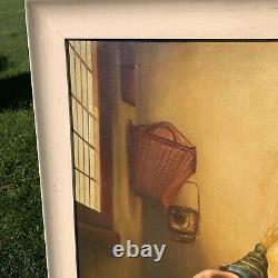 Large Antique Milk Maid Oil Painting 36x40 Early Americana Signed Framed