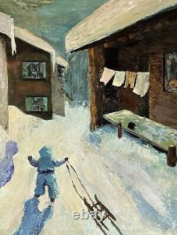 Large Antique Modern Landscape Oil Painting Winter Snow Cabin Hutchison Vintage