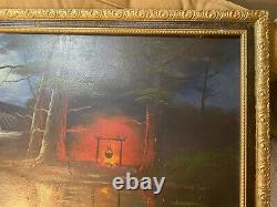 Large Antique Nocturne River And Fire Scene Oil Painting Framed