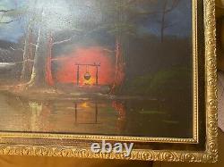 Large Antique Nocturne River And Fire Scene Oil Painting Framed