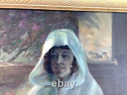 Large Antique Oil/Canvas Relined/New Frame Woman In Hooded Cloak