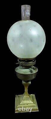 Large Antique Oil Lamp Brass XIX Century Etched Glass