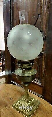 Large Antique Oil Lamp Brass XIX Century Etched Glass