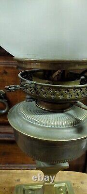 Large Antique Oil Lamp Brass XIX Century Etched Glass