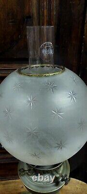 Large Antique Oil Lamp Brass XIX Century Etched Glass