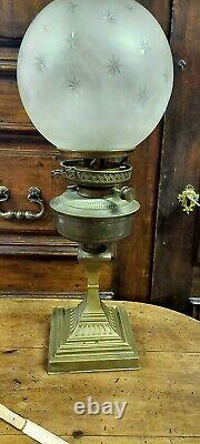 Large Antique Oil Lamp Brass XIX Century Etched Glass