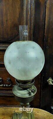 Large Antique Oil Lamp Brass XIX Century Etched Glass