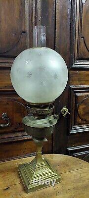 Large Antique Oil Lamp Brass XIX Century Etched Glass