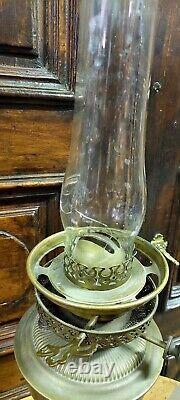 Large Antique Oil Lamp Brass XIX Century Etched Glass