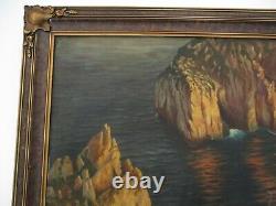 Large Antique Oil Painting Coastal Cliffs Island Seascape Impressionist Mystery