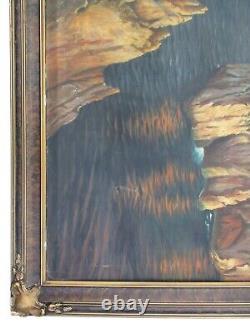 Large Antique Oil Painting Coastal Cliffs Island Seascape Impressionist Mystery