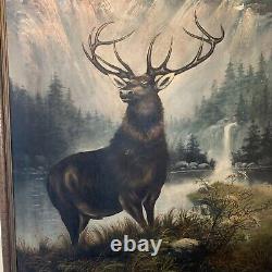 Large Antique Oil Painting Elk Americana 44x32 Rare Rocky Mountains Folk Amazing