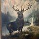 Large Antique Oil Painting Elk Americana 44x32 Rare Rocky Mountains Folk Amazing