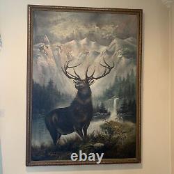 Large Antique Oil Painting Elk Americana 44x32 Rare Rocky Mountains Folk Amazing