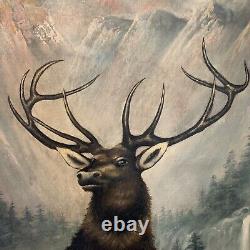 Large Antique Oil Painting Elk Americana 44x32 Rare Rocky Mountains Folk Amazing