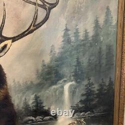 Large Antique Oil Painting Elk Americana 44x32 Rare Rocky Mountains Folk Amazing