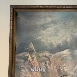 Large Antique Oil Painting Elk Americana 44x32 Rare Rocky Mountains Folk Amazing