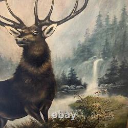 Large Antique Oil Painting Elk Americana 44x32 Rare Rocky Mountains Folk Amazing