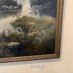 Large Antique Oil Painting Elk Americana 44x32 Rare Rocky Mountains Folk Amazing