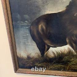 Large Antique Oil Painting Elk Americana 44x32 Rare Rocky Mountains Folk Amazing