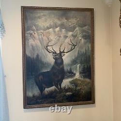 Large Antique Oil Painting Elk Americana 44x32 Rare Rocky Mountains Folk Amazing