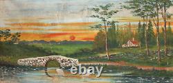 Large Antique Oil Painting Landscape Lake Swans