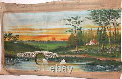 Large Antique Oil Painting Landscape Lake Swans